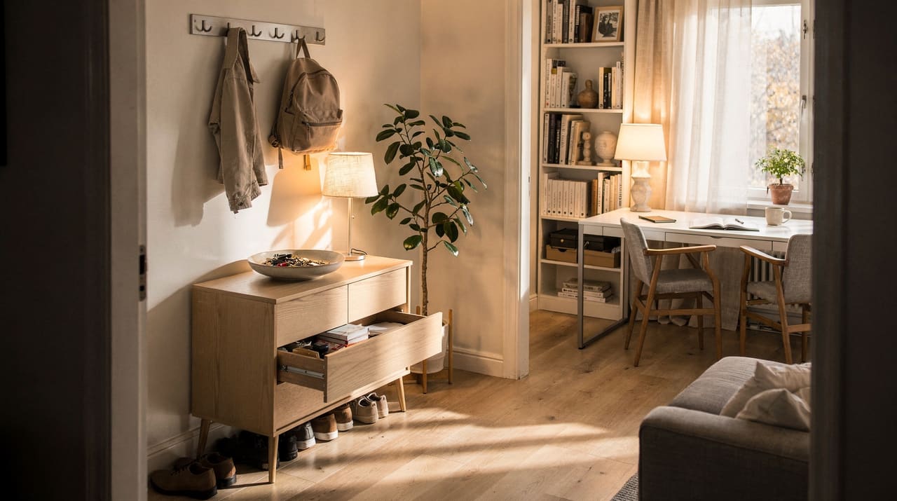 Ljus hall sedd från vardagsrummet med byrå, nyckelskål, jacka och ryggsäck på krokarna