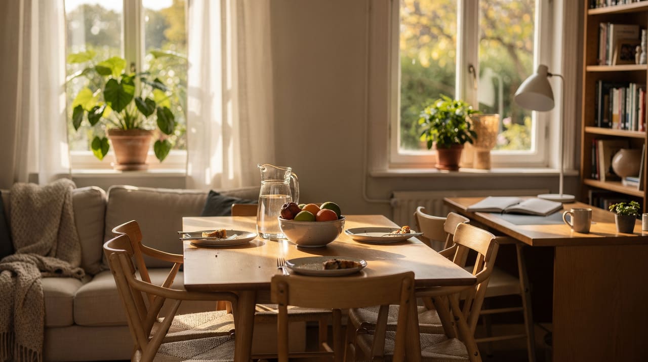 Ljus matplats med utskjutna stolar och halvdukat bord framför stora fönster