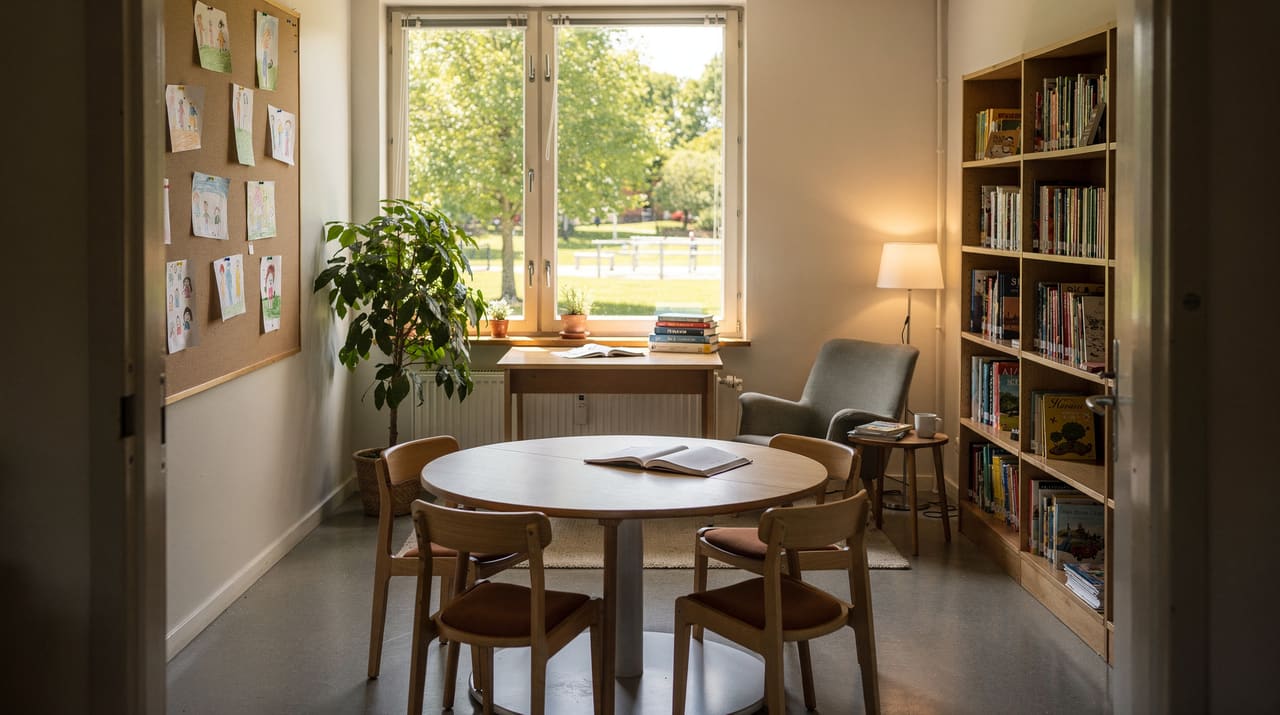 Ett ljust litet mötesrum på en skola med bord, stolar och fönster mot en solig skolgård