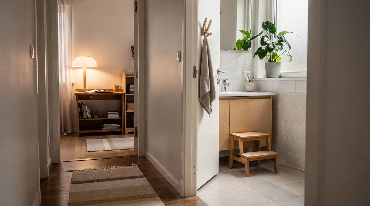 Ljust badrum sett från hallen med tandborstar, en pall och en växt i fönstret