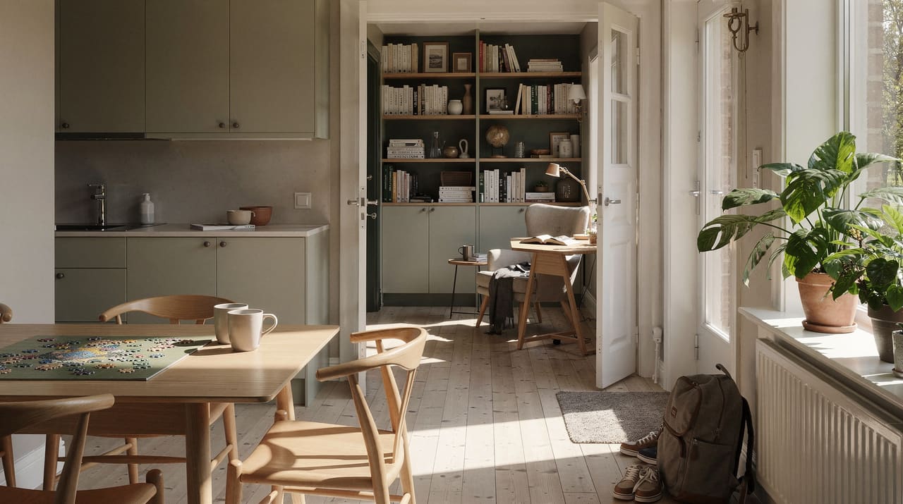 Ett ljust kök sett från hallen, med ett halvfärdigt pussel på bordet och en liten ryggsäck vid ytterdörren